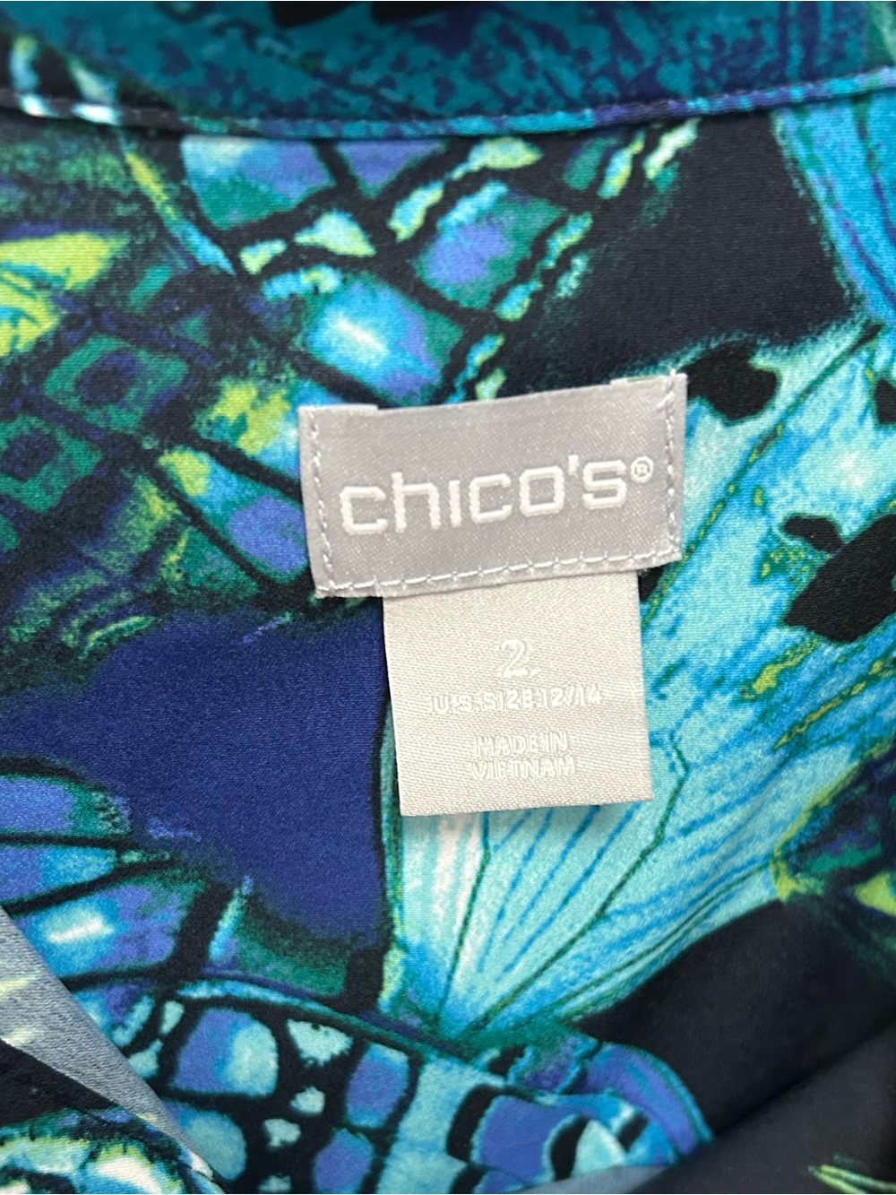 Chico’s Printed Tunic - Rainforest Butterfly Print Top -Seafaring Blue - Picture 2 of 7
